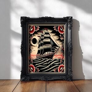 Maritime Nautical Ship, Sea Vintage Tattoo Flash,Vintage Ship Illustration